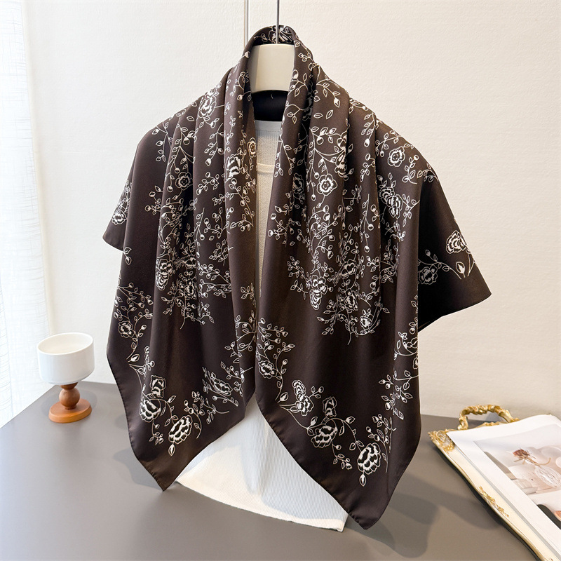 Face Scarf Mask - 高級ヴィンテージ 90X90cm 正方形スカーフ女性のためのソフトステインフラワープリントスカーフネックショールワープエレガントなネッカチーフバンダナヒジャブ