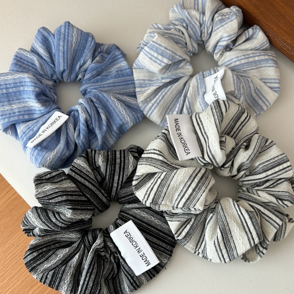 Silk Tie Striped - 2025年韓国ファッションストライプヘアゴム女の子用ブルーシュシュゴムバンド大きめヘアタイ無地シルクヘアバンドアクセサリー