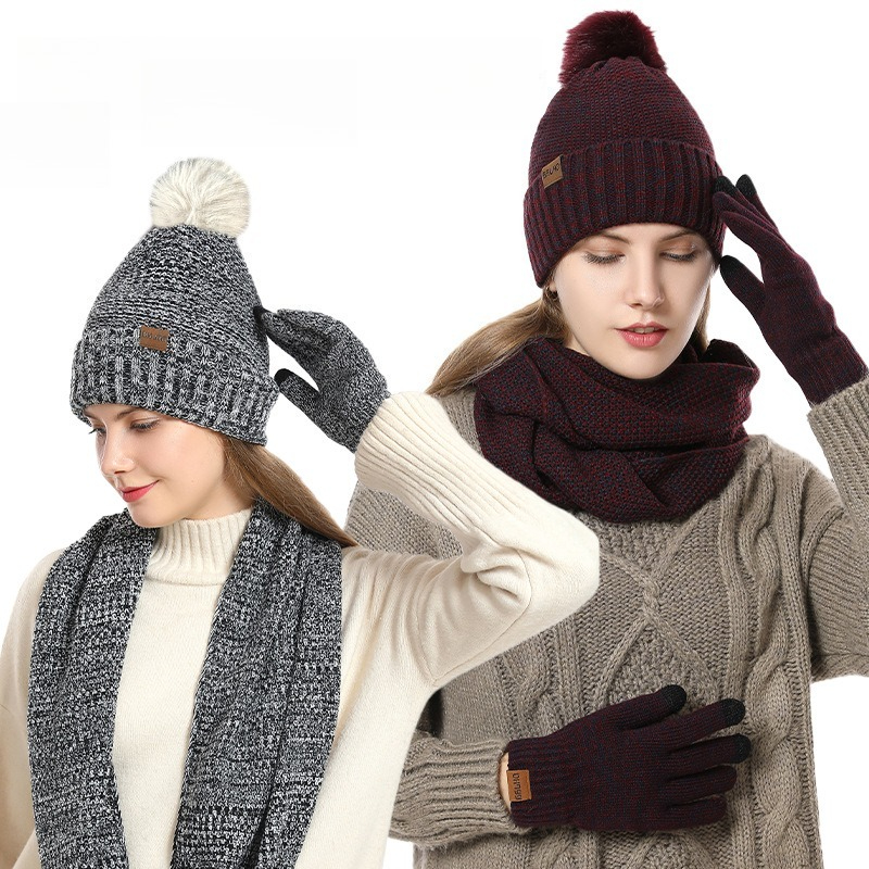 Infinity Scarf Knit - 女性用冬用3点フリース裏地付きニットセット、ポンポン付きビーニー、インフィニティスカーフ、タッチスクリーングローブ、厚手暖かいABヤーン、寒い季節用衣装