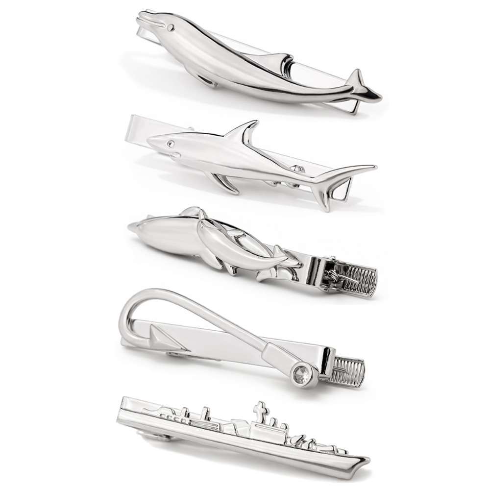 Tie Clip Silver - クリエイティブな海洋動物タイクリップ メンズ シルバー サメ イルカ型 タイバックル