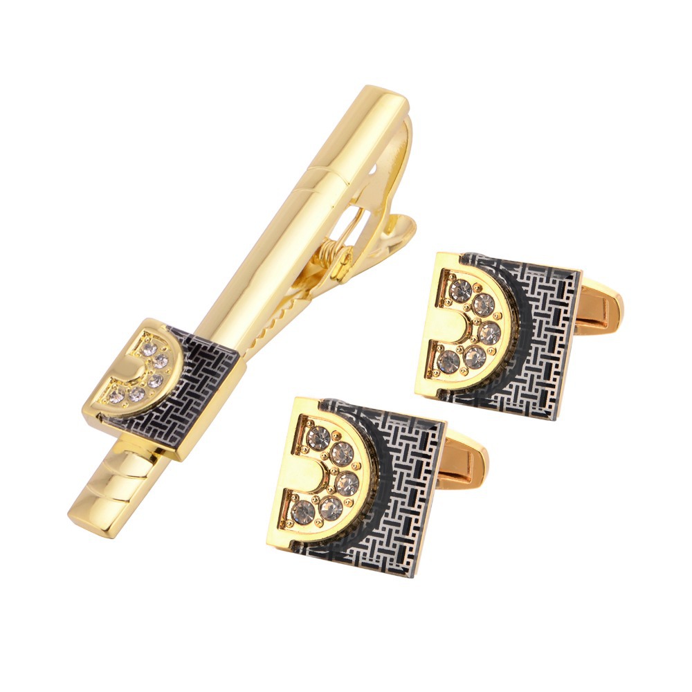 Tie Bar Set Gift - ゴールドトーン カフスボタン タイバーセット メンズ ビジネススーツ シャツ