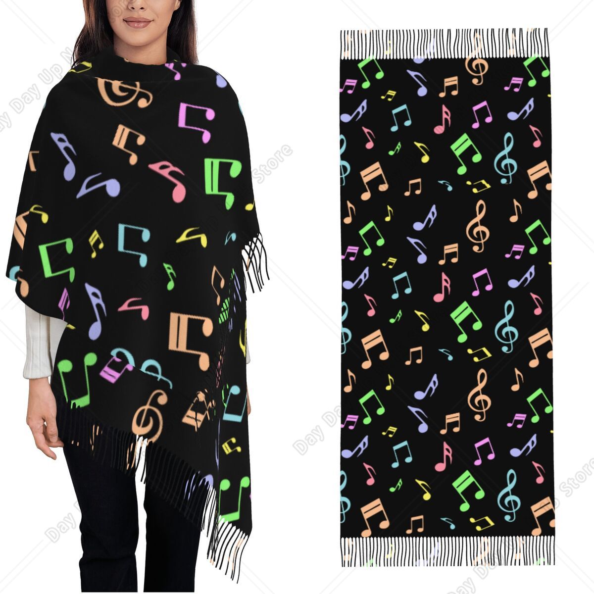 キュートでカラフルな音符柄のショールラップ、レディース用暖か - Pashmina Wrap Large のレビューと価格