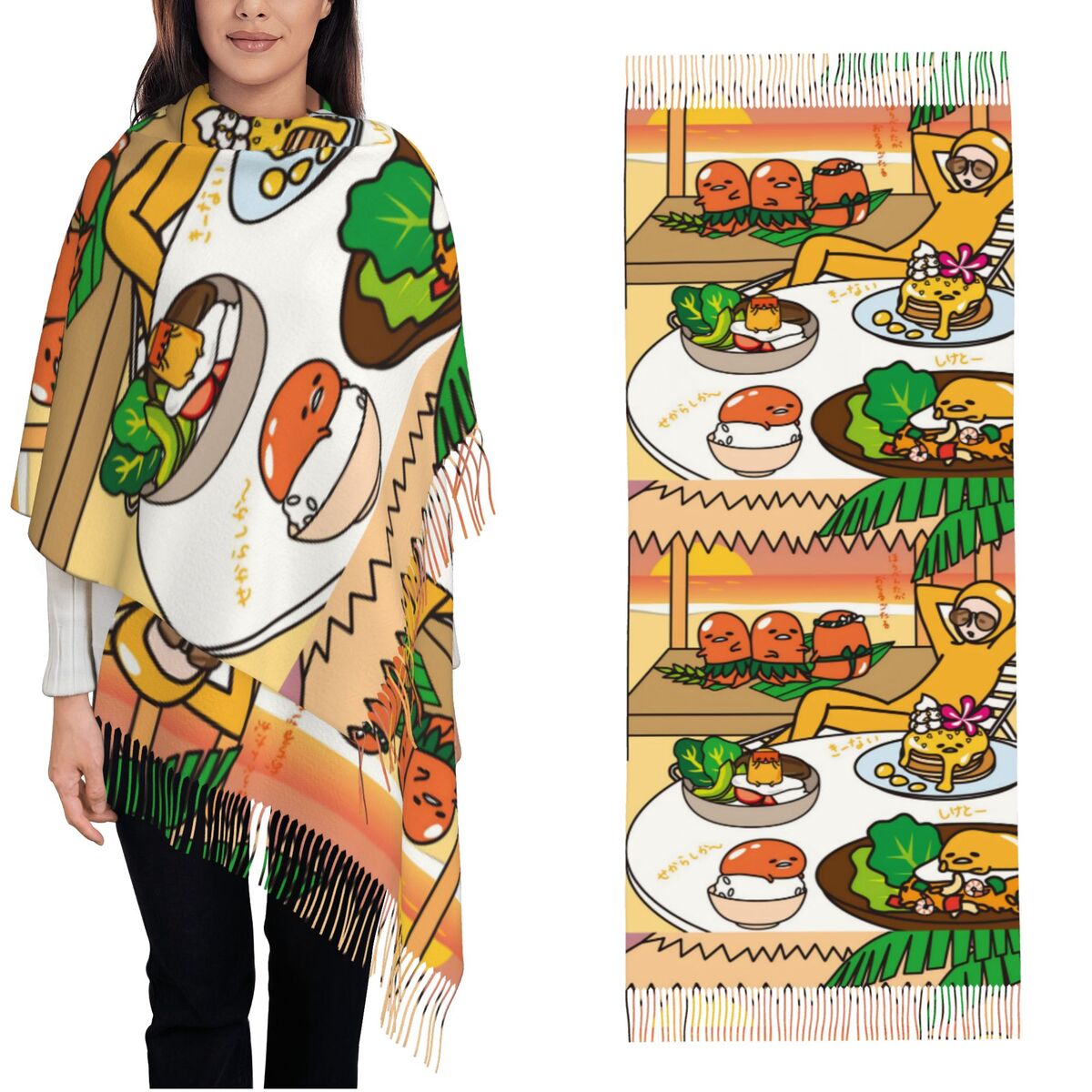 タッセル付きレディーススカーフ グデタマ かわいい卵漫画 大 - Pashmina Wrap Large のレビューと価格