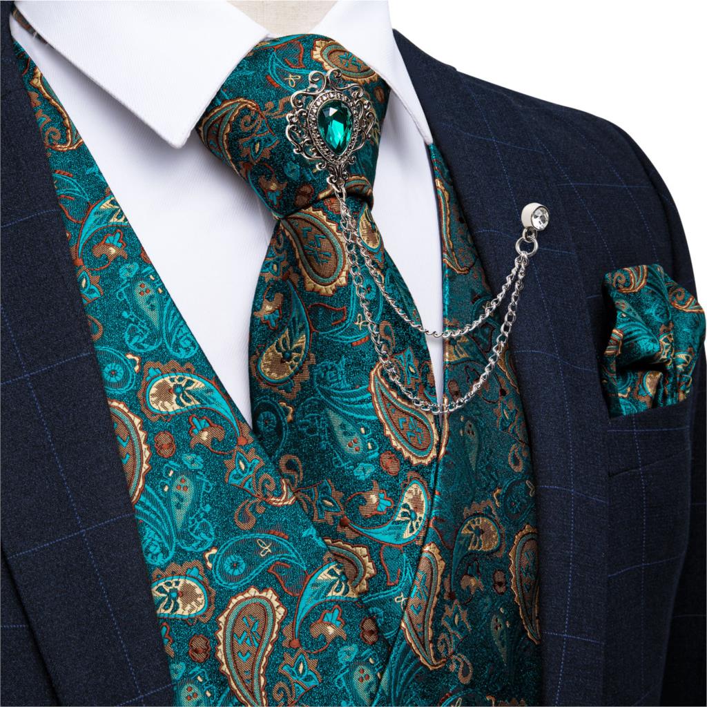 新しいティールグリーンのペイズリー柄フォーマルドレスベスト  - Pocket Square Set のレビューと価格